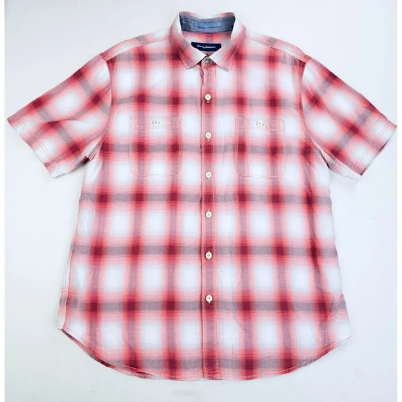 Tommy Bahama Size Large Red White Check Embroidered Check Short Sleeve Shirt - Picture 1 of 13